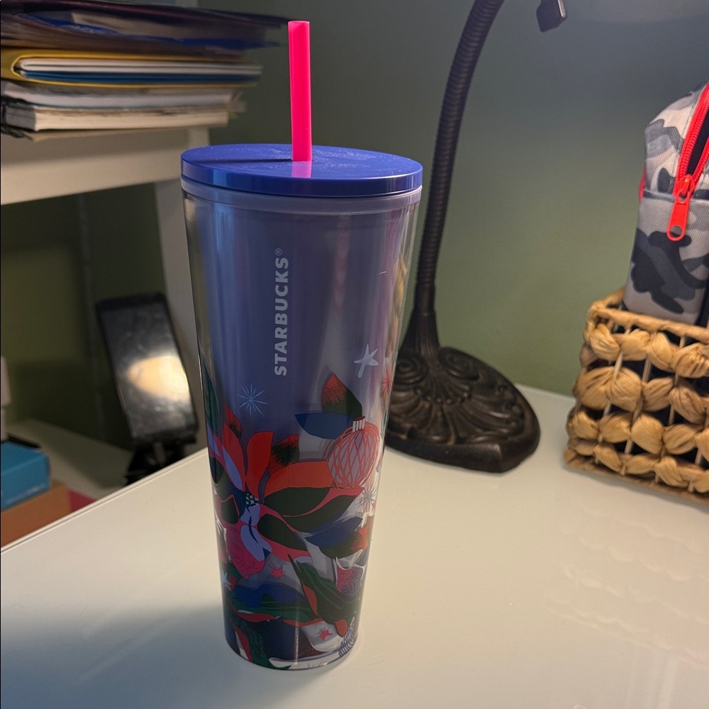 Starbucks Blue Tumbler with Pink Straw